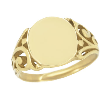 Mens Oval Victorian Filigree Scrolls Signet Ring in 14 Karat Yellow Gold