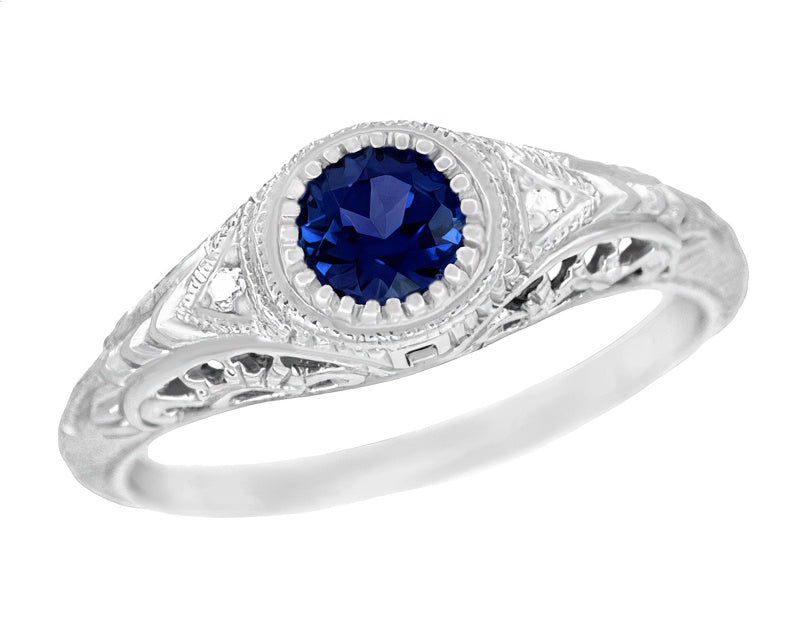 Art Deco Vintage Style Ring, Bezel Set Ring, Round Diamond & Blue Sapphire Diamond Vintage Ring, 14K Solid Gold Antique Leaf selling Style Ring