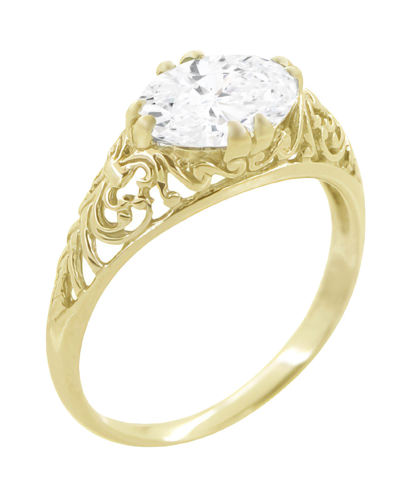 Yellow Gold Edwardian Scroll Filigree East to West Oval Diamond Engagement Ring - 1.10 Carat - Item: R799YD-LC - Image: 2