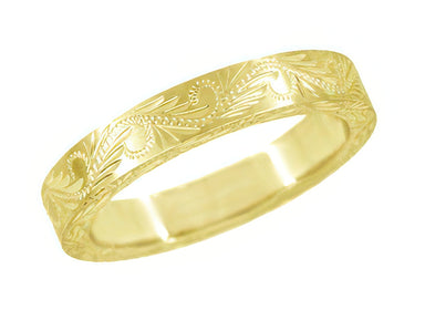 Western Hand Engraved Scrolls & Leaves Antique Style Wedding Band in Yellow Gold - 5mm Wide