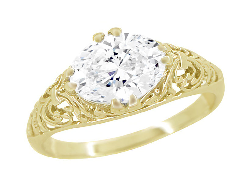 Yellow Gold Edwardian Scroll Filigree East to West Oval Diamond Engagement Ring - 1.10 Carat