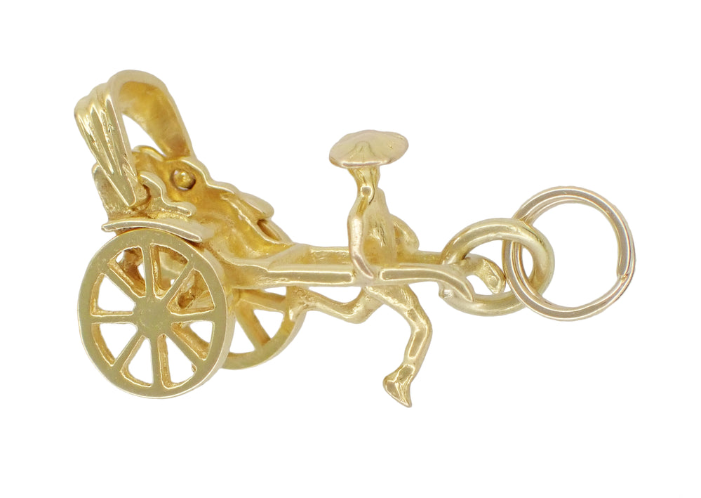 Vintage Rickshaw Charm with Movable Wheels in 14 Karat Yellow Gold - Item: C597 - Image: 3