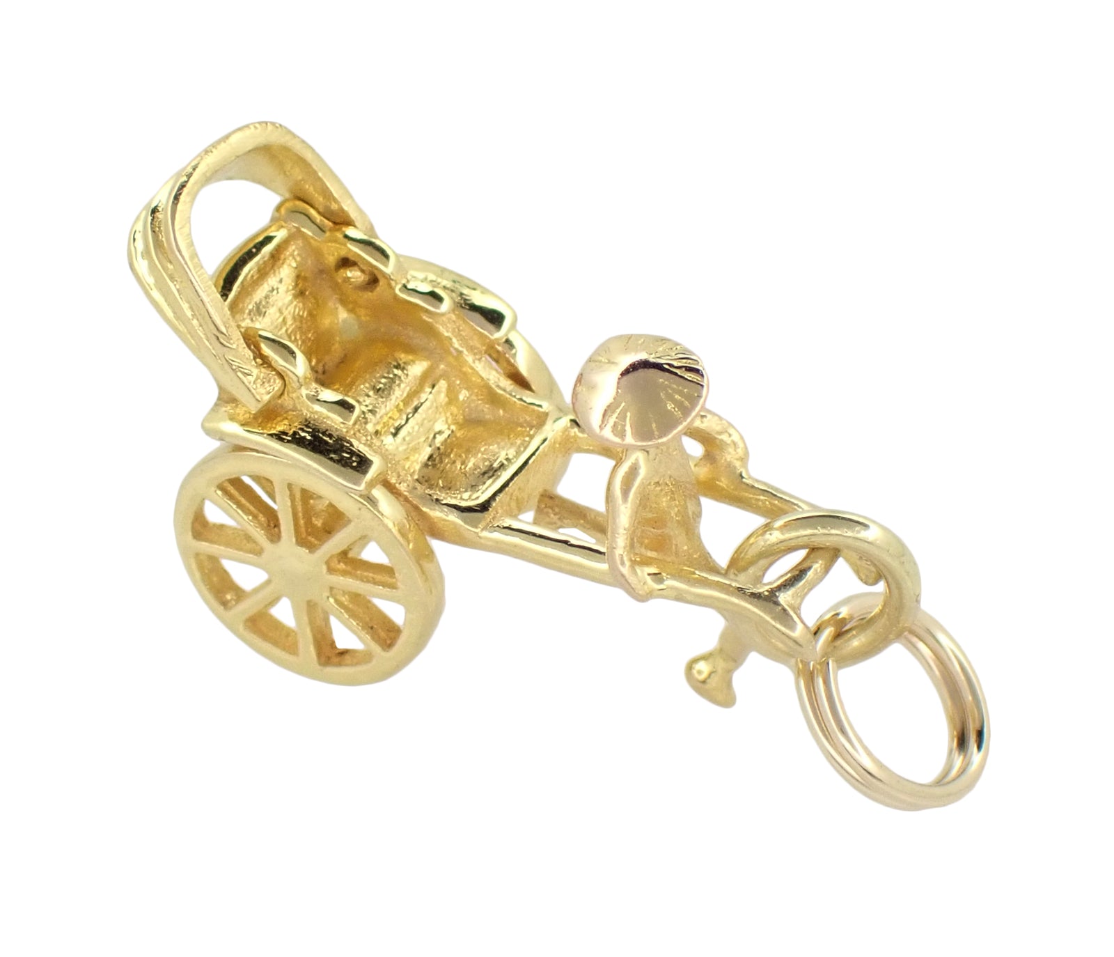 Vintage Carriage / Rickshaw Charm with Moving Wheels 14k Yellow