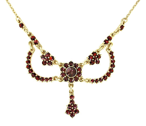 Victorian Bohemian Garnet Floral Drop Necklace In Sterling Silver And 