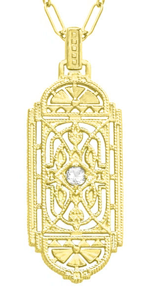 Yellow Gold Geometric Art Deco Filigree White Sapphire Pendant ...