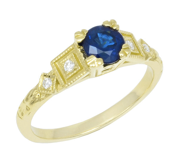 Vintage Inspired Art Deco 18K Yellow Gold Blue Sapphire Engagement Ring ...
