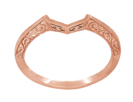 Rose Gold Art Deco Filigree Engraved Scrolls V Contoured Wedding Band