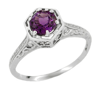 Art Deco Filigree Hexagon White Gold Vintage Amethyst Engagement Ring ...