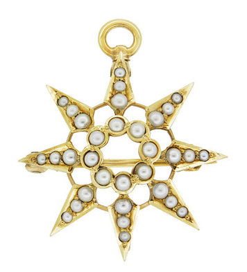 Antique Victorian Seed Pearl Starburst Pendant Brooch 14 Karat Yellow Gold