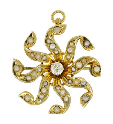 Antique Victorian 0.22 Carat Old European Cut Diamond and Seed Pearl Sunburst Brooch in 10 Karat Gold - Convertible Pin / Pendant