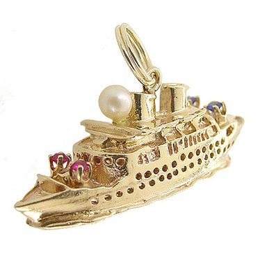 Vintage Gem Set Cruise Ship Charm in 14 Karat Gold - alternate view