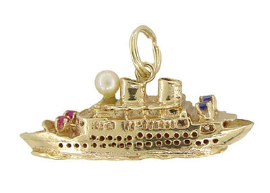 Vintage Gem Set Cruise Ship Charm in 14 Karat Gold