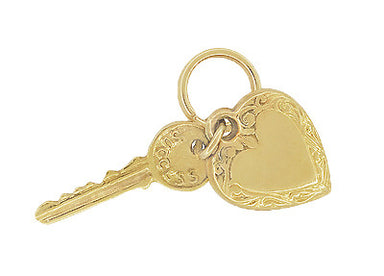 Puffed Heart and Key to Success and Love Vintage Charm in 14 Karat Yellow Gold - alternate view