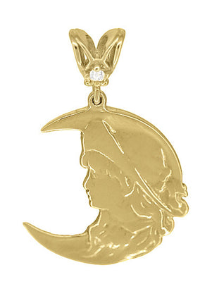 Art Nouveau Lady in the Moon Diamond Pendant in 14 Karat Yellow Gold