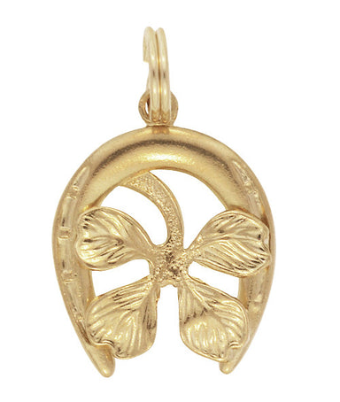 Lucky 4-Leaf Clover in Horseshoe Charm in 14 Karat Yellow Gold