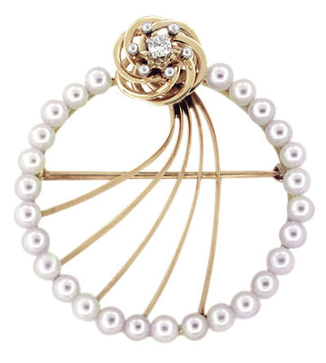 Vintage Mid Century Modern Retro Diamond and Pearls Circle Brooch in 14 Karat Gold