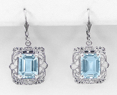 Art Deco Filigree Blue Topaz Drop Earrings in Sterling Silver