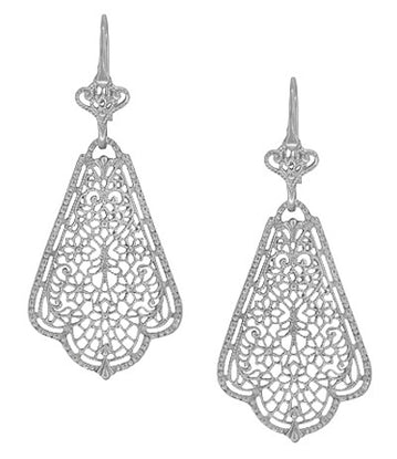 Edwardian Scalloped Leaf Dangling Sterling Silver Filigree Earrings