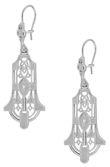 Geometric Diamond Dangling Sterling Silver Filigree Art Deco Earrings - alternate view