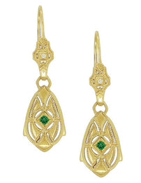 Art Deco Dangling Sterling Silver Emerald and Diamond Filigree Earrings with Yellow Gold Vermeil