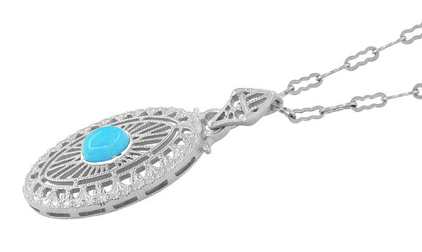 Vintage Turquoise Art Deco Pendant / Necklace Style - Art Deco Turquoise Filigree Oval Pendant Necklace in Sterling Silver