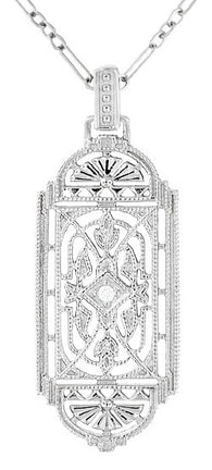 Art Deco Filigree Geometric Diamond Pendant Necklace in Sterling Silver