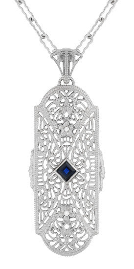 Art Deco Silver Sapphire Paste Pendant Necklace 