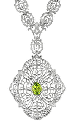 Edwardian Filigree Drop Pendant Necklace with Peridot and Diamond in Sterling Silver