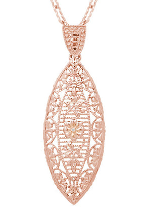 Filigree Leaf Art Deco Rose Gold Vermeil Diamond Pendant Necklace in Sterling Silver