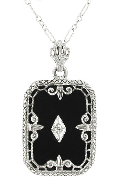 Art Deco Filigree Onyx Pendant Necklace with Diamond in 14 Karat