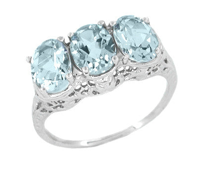 Edwardian Oval Trio Aquamarine Filigree Ring in 14 Karat White Gold ...