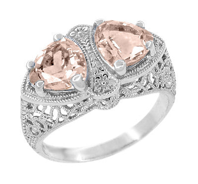 Filigree Loving Duo 2 Stone East West Antique Morganite Ring - Art Deco 