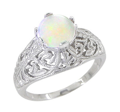 Art Deco White Opal Filigree Ring in 14 Karat White Gold — Antique ...