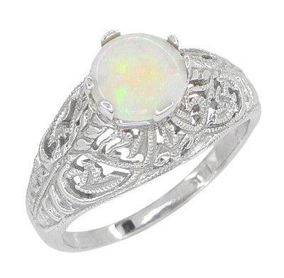 Edwardian Opal Filigree Ring in 14 Karat White Gold — Antique Jewelry Mall