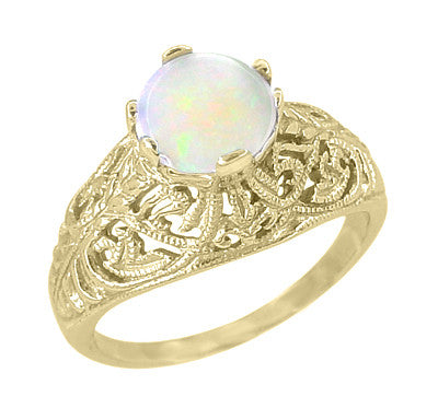 Yellow Gold Edwardian Dome Filigree Solitaire Opal Ring — Antique ...