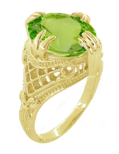 Art Deco Filigree Yellow Gold Large Oval Peridot Statement Ring - 5.5 Carats