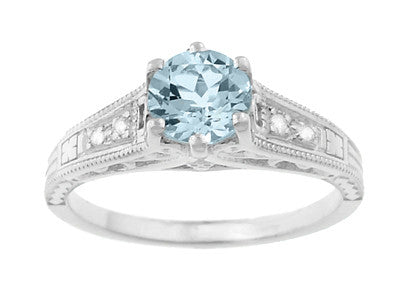 Vintage Style Aquamarine and Diamonds Filigree Art Deco Engagement Ring in Platinum - Item: R158PA - Image: 5