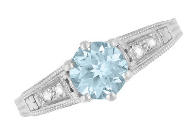 Vintage Style Aquamarine and Diamonds Filigree Art Deco Engagement Ring in Platinum - Item: R158PA - Image: 6