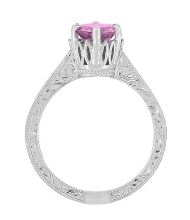 Platinum Scrolls Art Deco Filigree 1 Carat Pink Sapphire Solitaire Crown Engagement Ring - alternate view