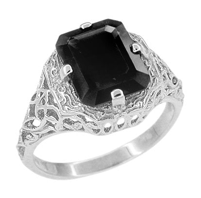 Art Deco Black Onyx Filigree Ring in 14 Karat White Gold