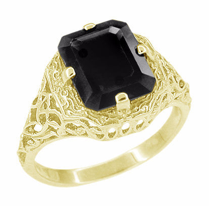 Yellow Gold Black Onyx Emerald Cut Gemstone Men's Ring