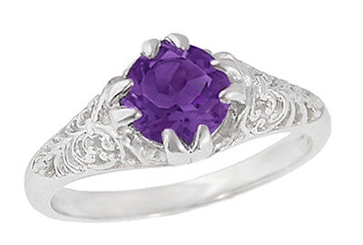 Edwardian Filigree Antique Round Amethyst Engagement Ring in White Gold ...