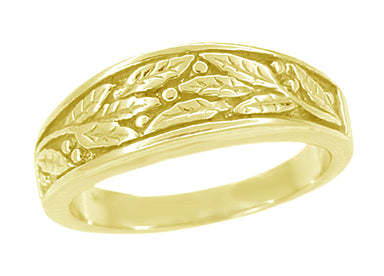 6.8mm Wide Gold Leaves Mens — Yellow Vintage Antique Mall Ring Engraved - Olive Jewelry