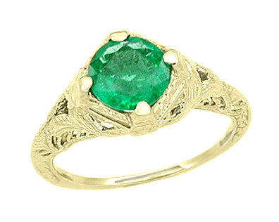 Art Deco Emerald Engraved Filigree Engagement Ring in 14 Karat Yellow ...