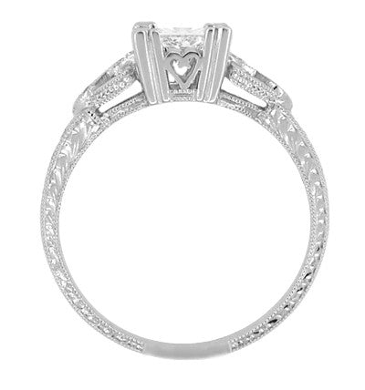 Loving Hearts 1 Carat Princess Cut Diamond Antique Style Engraved Art Deco  Engagement Ring in 18K White Gold