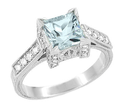 Art Deco Vintage Platinum 1 Ct Square Princess Aquamarine Engagement ...