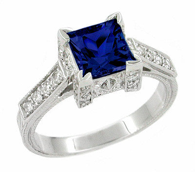 Art Deco Square Castle 1 Ct Princess Cut Blue Sapphire Engagement Ring ...