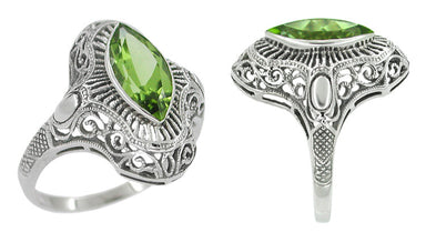 Art Deco Peridot Filigree Cocktail Ring in 14 Karat White Gold - alternate view