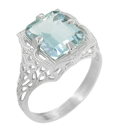 Stunning 3 Stone Natural Aquamarine Ring Sterling Silver Vintage Style Victorian Edwardian Filigree Nouveau Deco buy Semiprecious Bride March