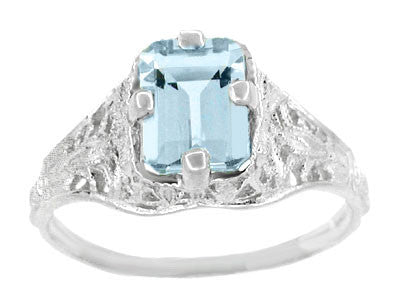 Art Deco Emerald Cut Aquamarine Filigree Engagement Ring in 18 Karat ...